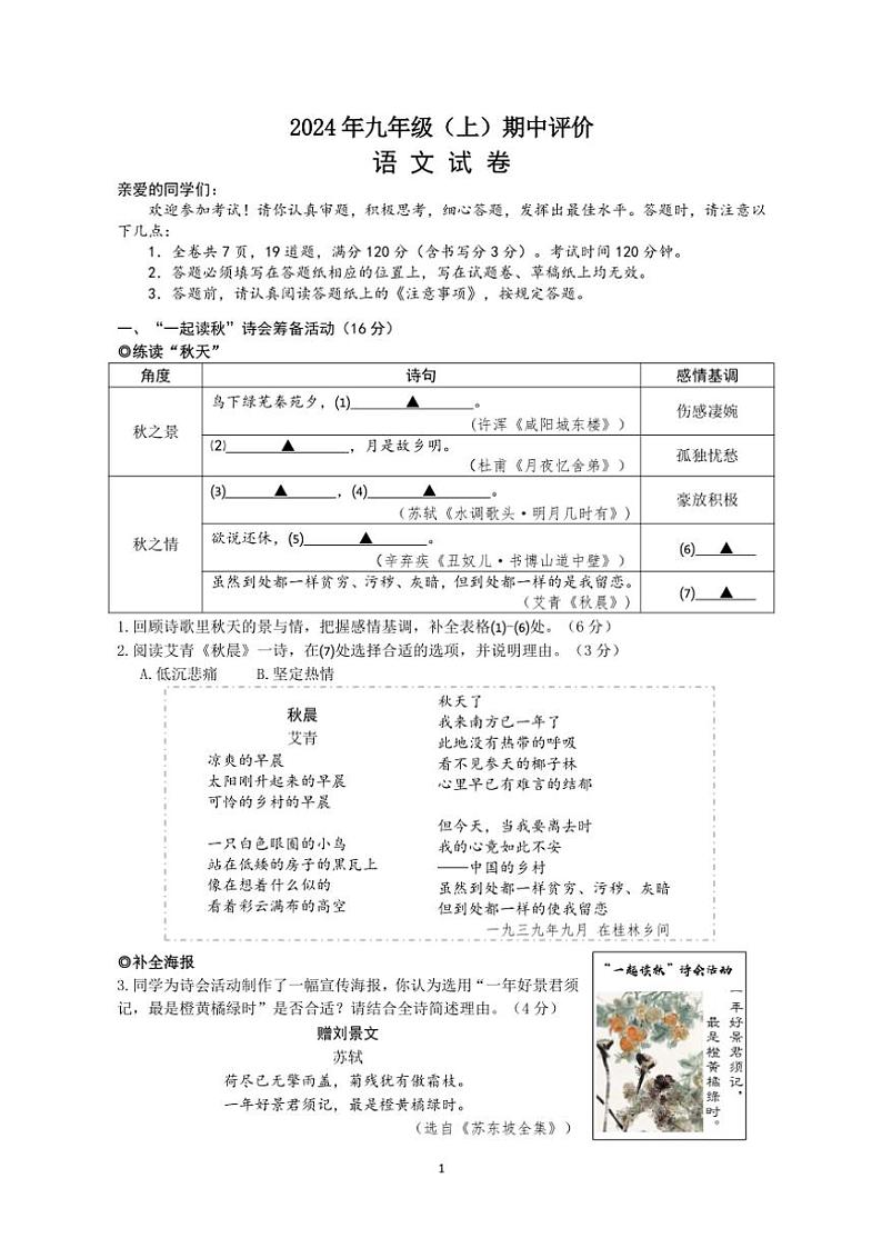 江西省南昌市2024 ~2025学年九年级上学期期中评价检测语文试卷(含答案)01