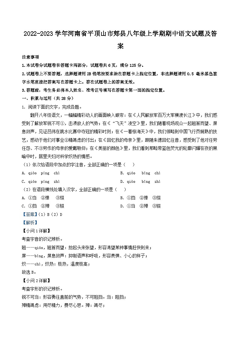 2022-2023学年河南省平顶山市郏县八年级上学期期中语文试题及答案01