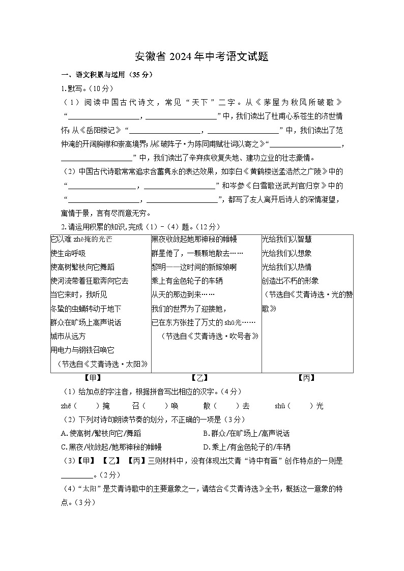安徽省2024年中考真题语文试卷01