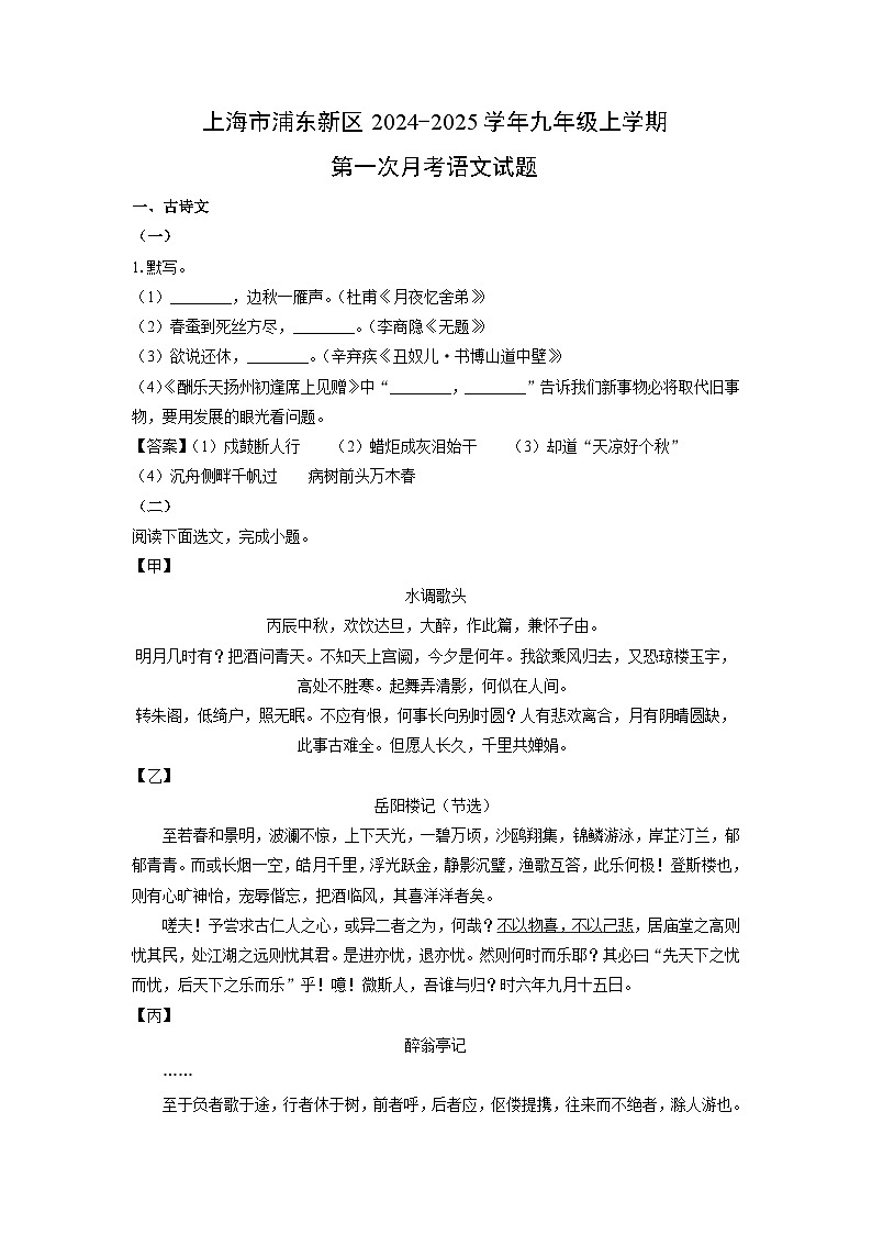 上海市浦东新区2024-2025学年九年级上学期第一次月考语文试卷(解析版)第1页