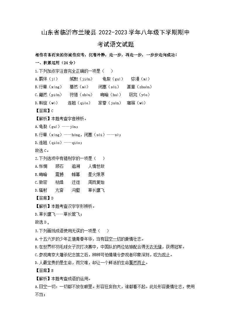 山东省临沂市兰陵县2022-2023学年八年级下学期期中考试语文试卷(解析版)