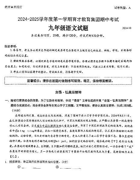 广东省深圳市南山育才集团2024-2025学年九年级上学期期中考试语文试题01