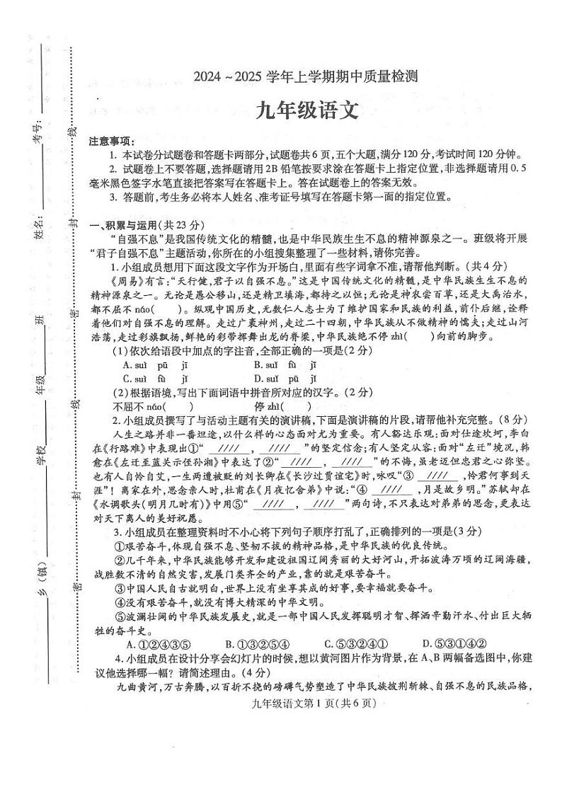 河南省平顶山市汝州市2024-2025学年九年级上学期11月期中语文试题01