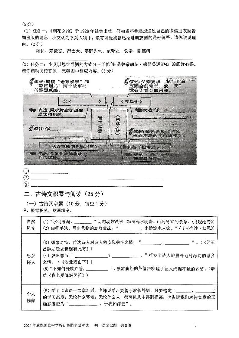重庆市长寿川维中学校2024-2025学年七年级上学期11月期中语文试题03