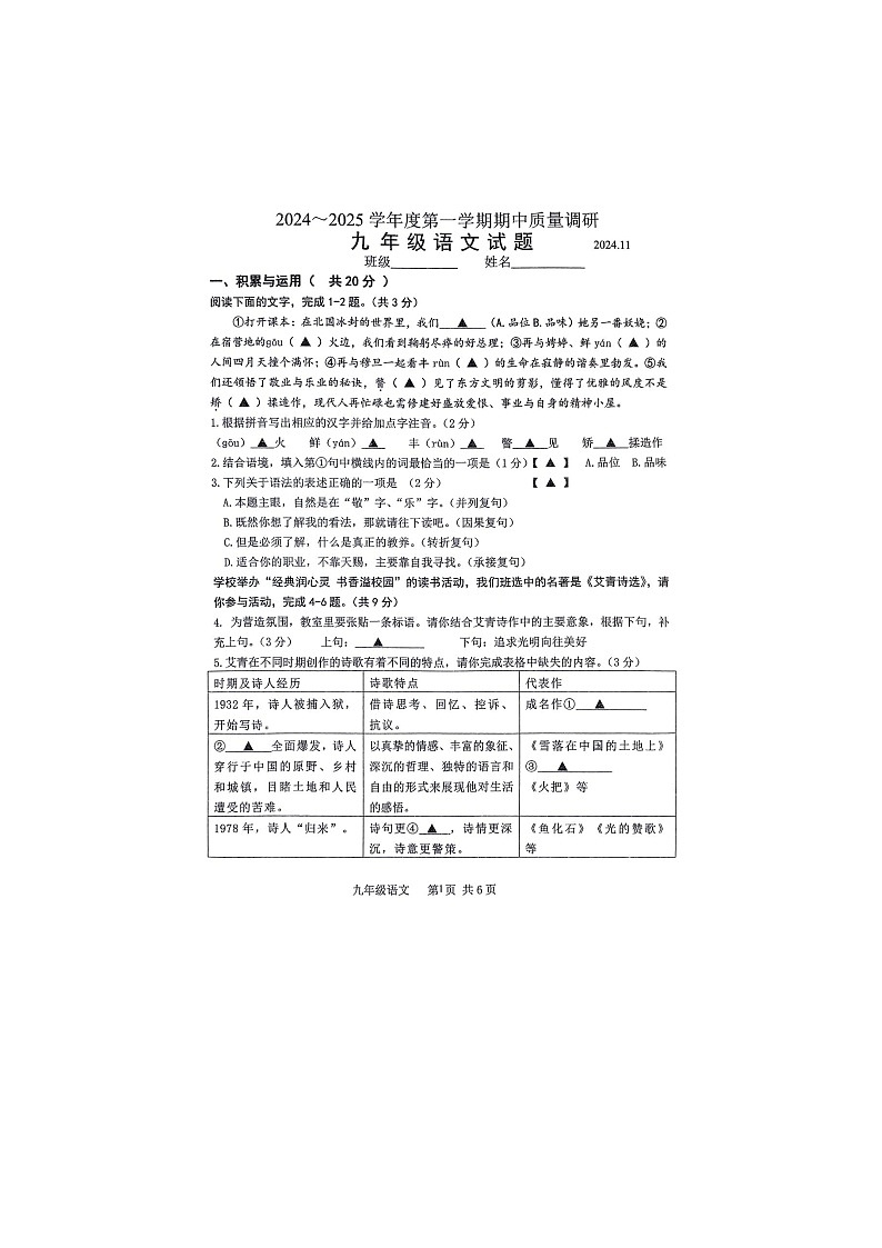江苏省常州市2024-2025学年九年级上学期期中考试语文试题01