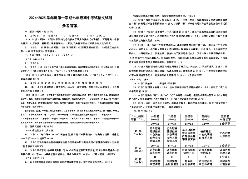 七上语文期中试题答案第1页