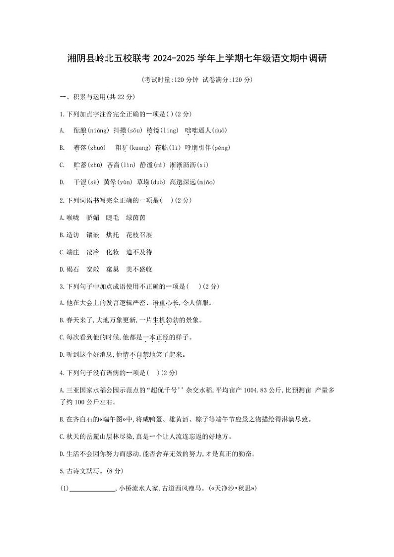 湖南省岳阳市湘阴县岭北五校联考2024~2025学年七年级上学期11月期中语文试题(含答案)01