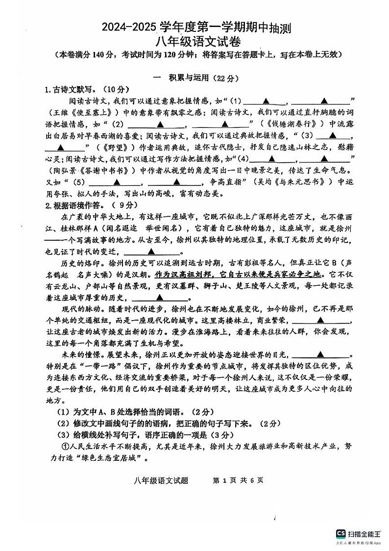 江苏省徐州市邳州市2024-2025学年八年级上学期期中语文试卷01