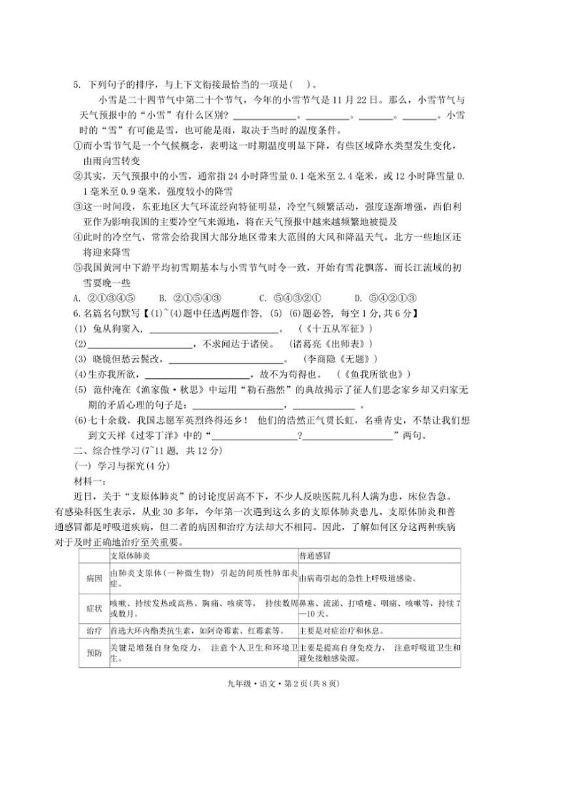 云南省昆明市官渡区第一中学2024~2025学年九年级上学期11月期中语文试题(含答案)第2页