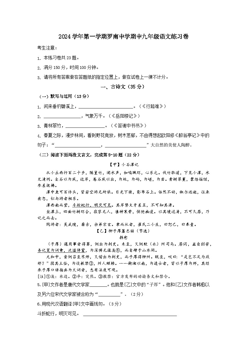 2024学年第一学期罗南中学期中九年级语文练习卷(原卷版)第1页