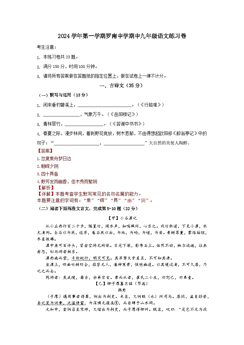 2024学年第一学期罗南中学期中九年级语文练习卷(解析版)第1页