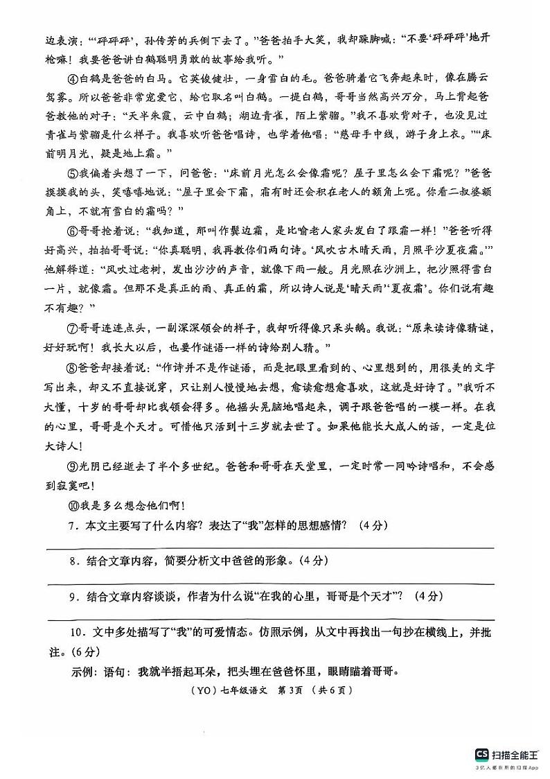 甘肃省陇南市武都区2024-2025学年七年级上学期11月期中考试语文试题第3页