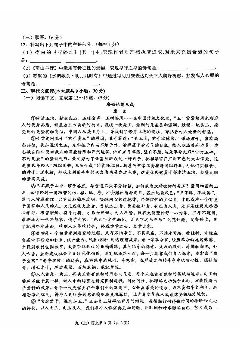 江西省吉安市2024-2025学年九年级上学期期中考试语文试题第3页