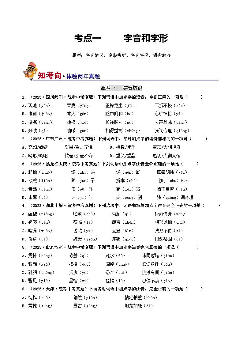 中考语文一轮复习考点过关练习考点1 字音、字形(好题冲关)(原卷版)第1页