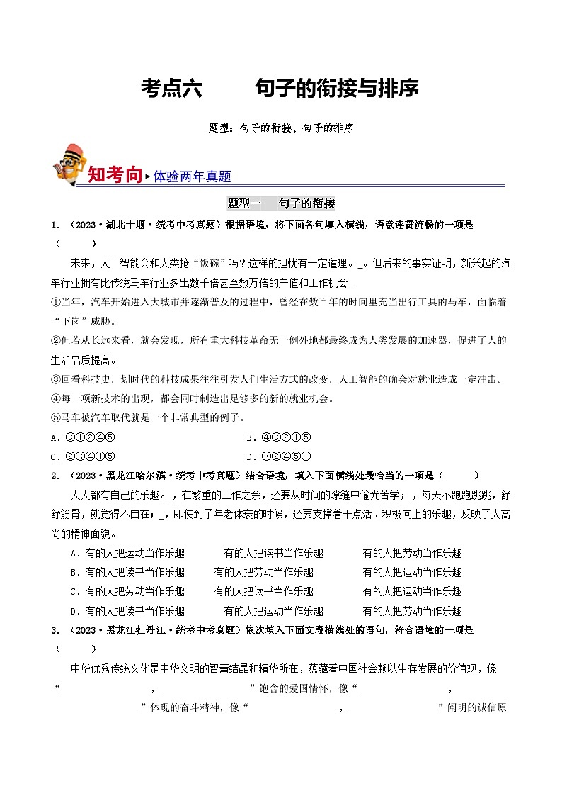 中考语文一轮复习考点过关练习考点6 句子的衔接与排序(好题冲关)(原卷版)第1页