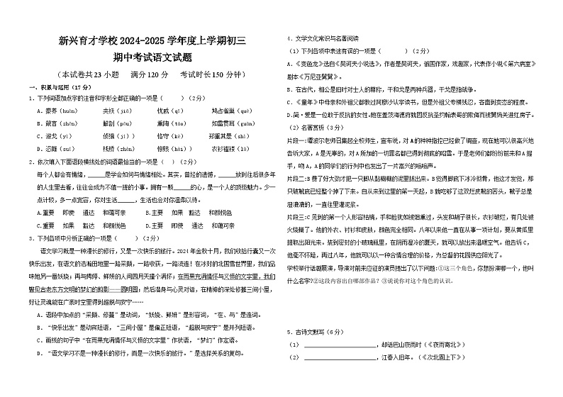 辽宁省盘锦市育才学校2024-2025学年九年级上学期期中考试语文试题01
