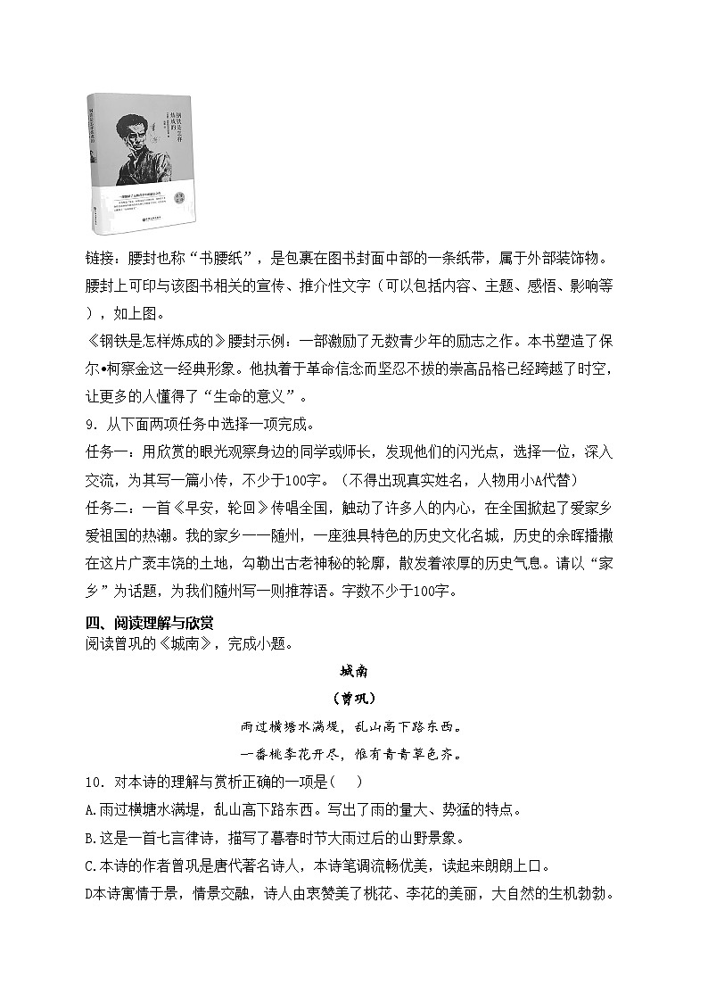 湖北省随州市曾都区教联体多校2024-2025学年八年级上学期10月期中考试语文试卷(含答案)第3页