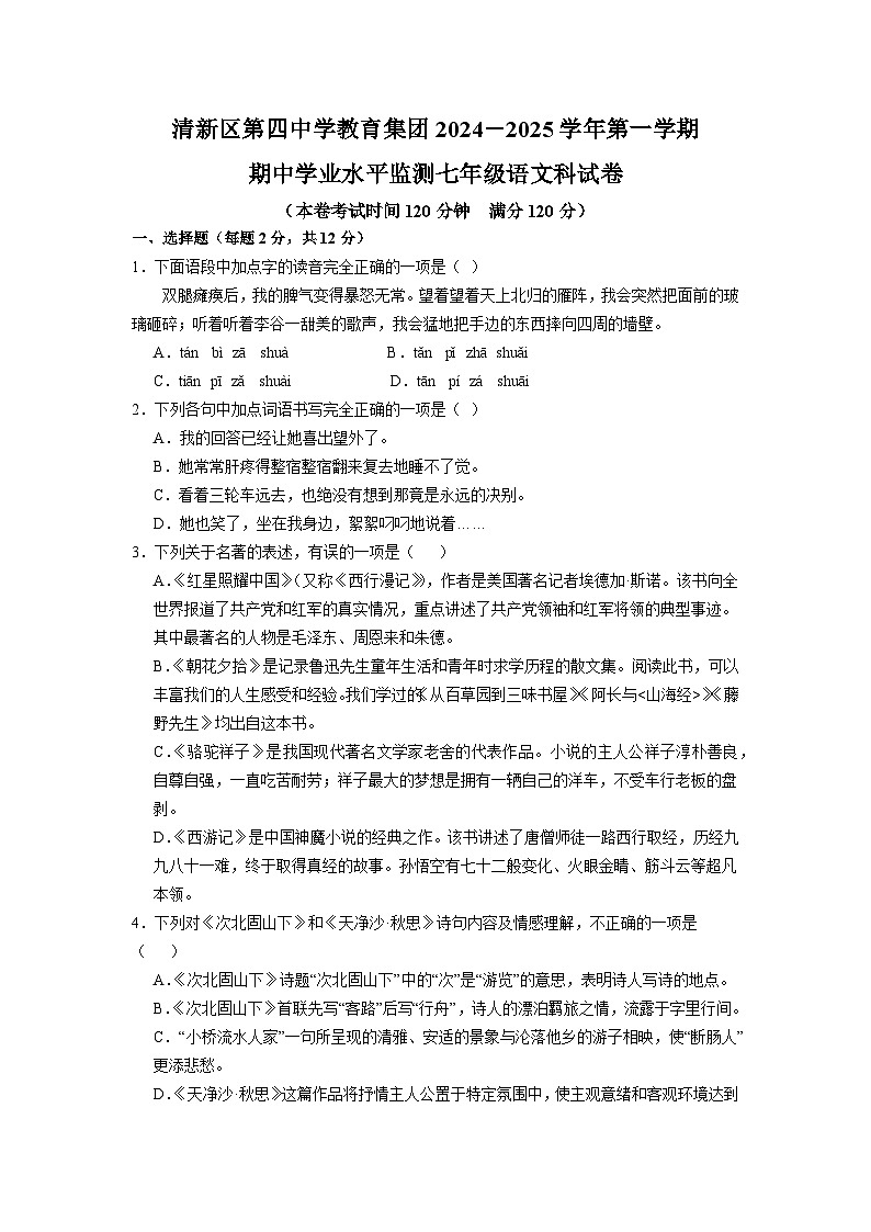 广东省清远市清新区第四中学教育集团六校联考2024-2025学年七年级上学期11月期中语文试题01