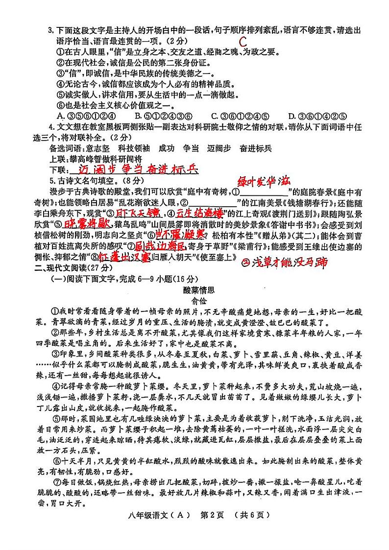 河南省安阳市林州市2024-2025学年八年级上学期期中考试语文试题A卷02