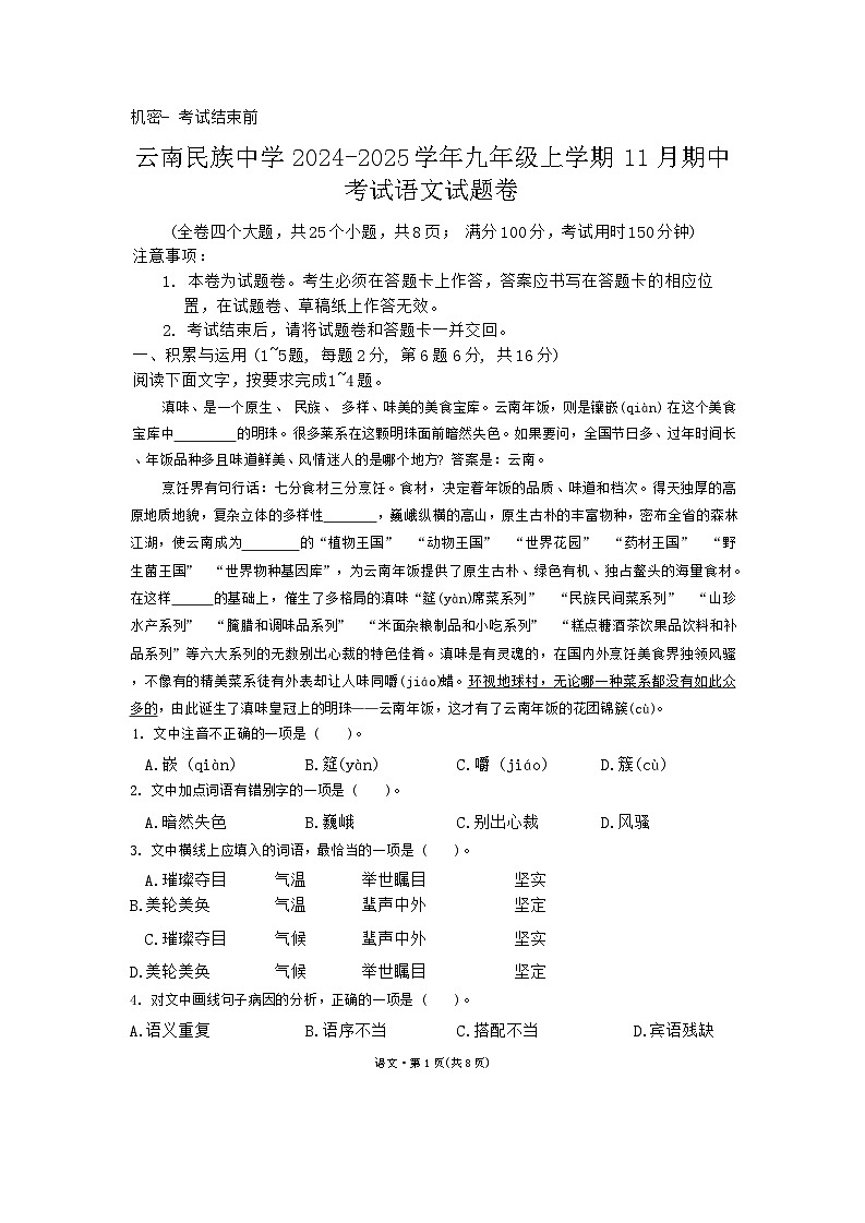 云南民族中学2024-2025学年九年级上学期11月期中考试语文试题卷第1页