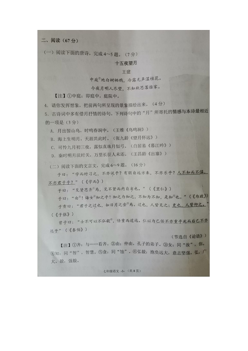 福建省福州市长乐区2024-2025学年七年级上学期11月期中语文试题03
