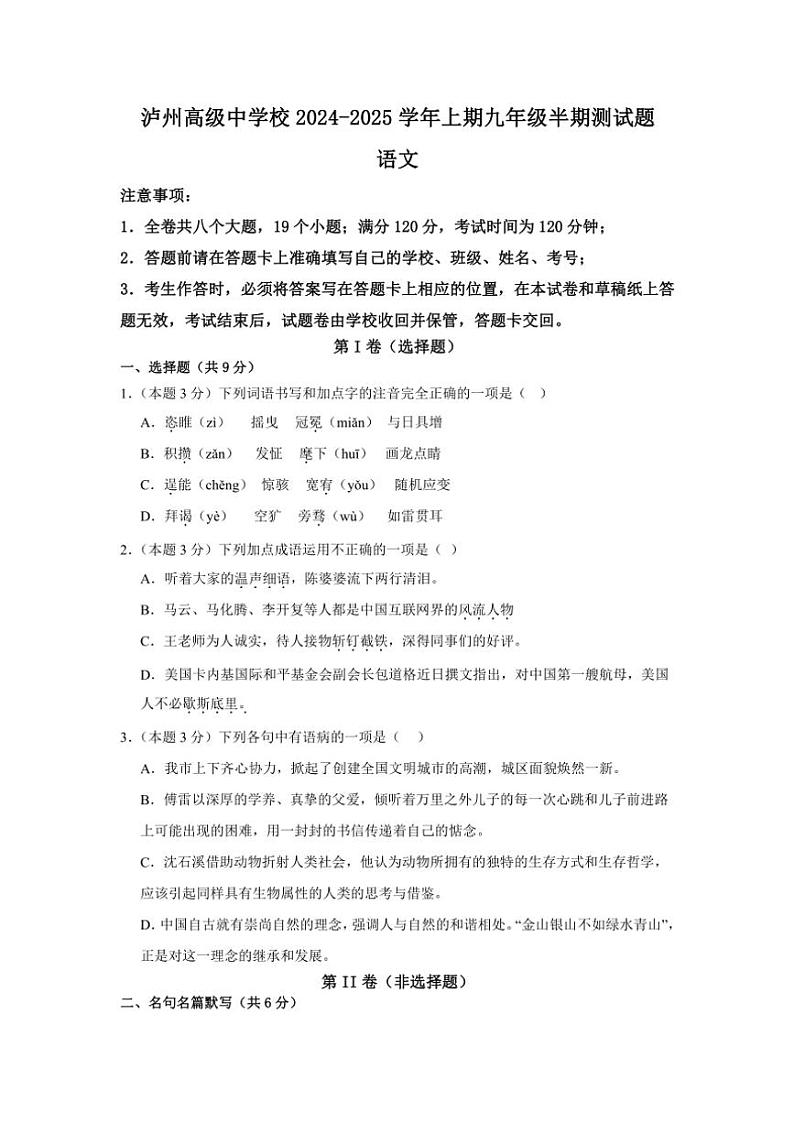 四川省泸州高级中学校2024~2025学年九年级(上)期中语文试卷(含答案)第1页