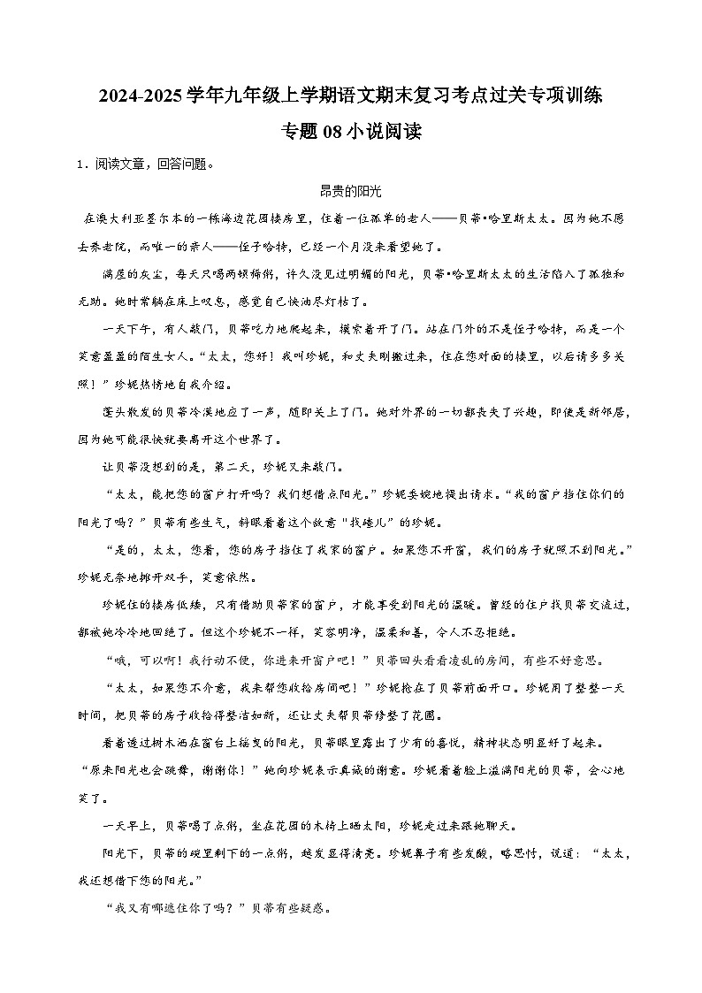 专题08+小说阅读-2024-2025学年九年级上学期语文期末复习考点过关专项训练(统编版)01