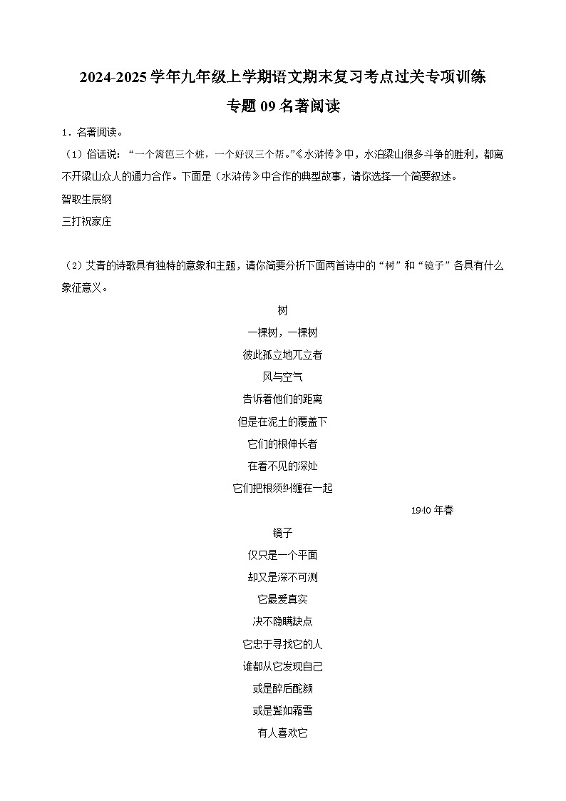专题09+名著阅读-2024-2025学年九年级上学期语文期末复习考点过关专项训练(统编版)第1页