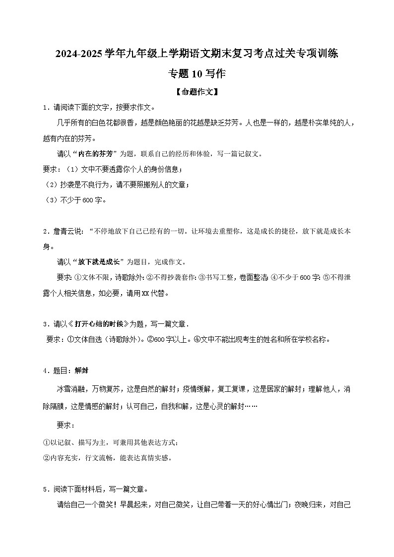 專題10+寫作-2024-2025學年九年級上學期語文期末復習考點過關專項訓練（統(tǒng)編版）第1頁