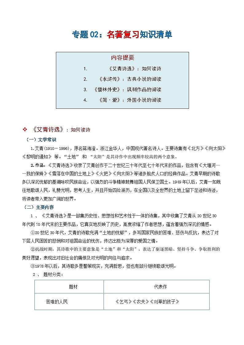 专题02 名著阅读:儒林外史、简爱、艾青诗选、水浒传(知识清单)-2024-2025学年九年级语文上学期期末考点大串讲(统编版·五四学制)01
