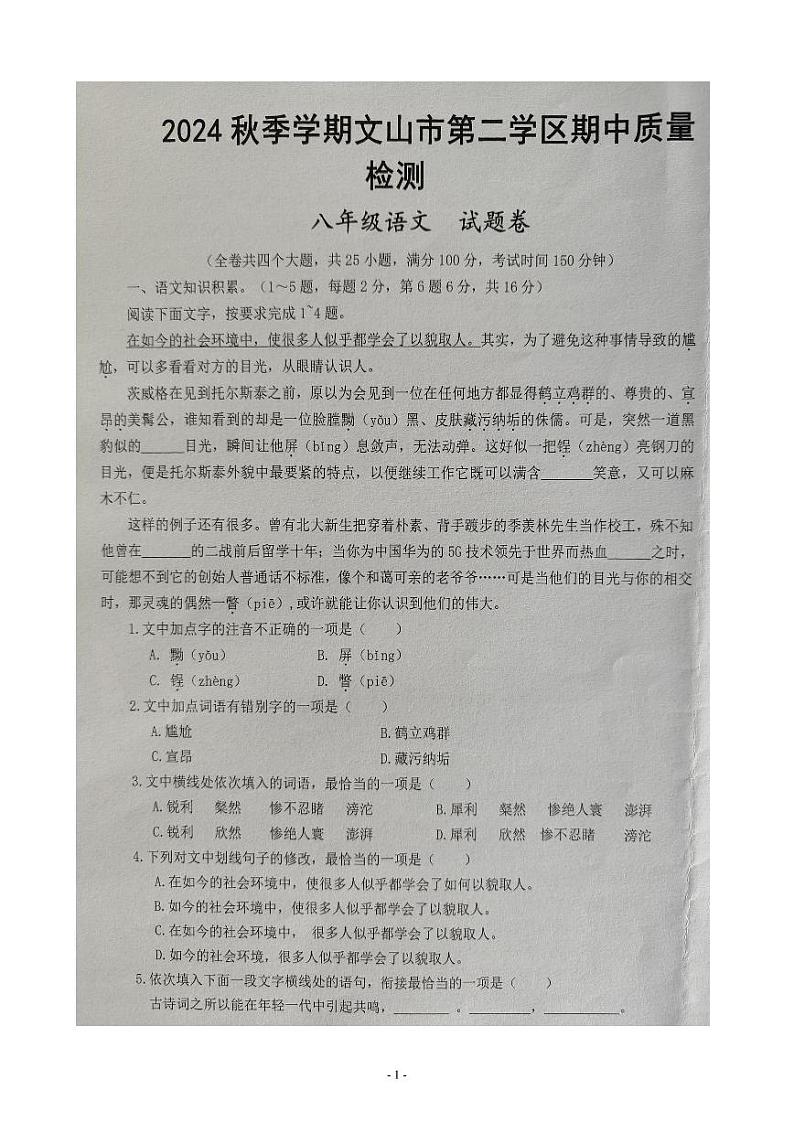 云南省文山壮族苗族自治州文山市第二学区2024-2025学年八年级上学期11月期中考试语文试题第1页