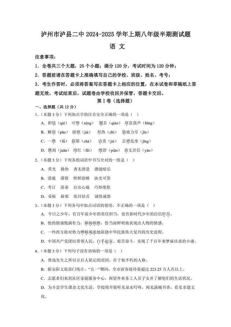 四川省泸州市泸县第二中学2024~2025学年八年级(上)期中语文试卷(含答案)第1页