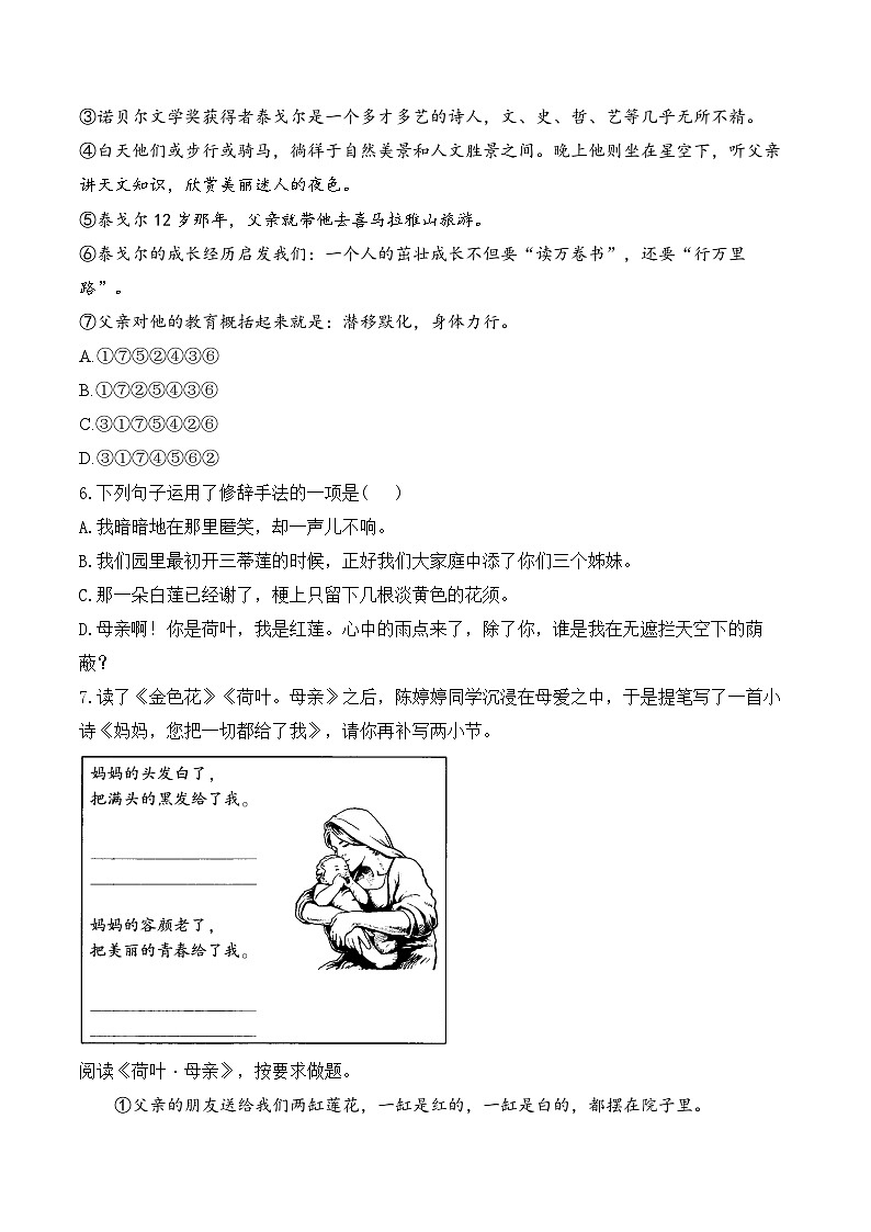 7 散文诗二首——七年级语文统编版(2024)上册课时优化训练(含解析)02