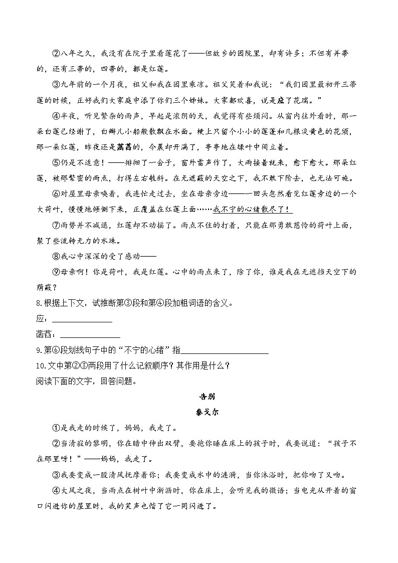 7 散文诗二首——七年级语文统编版(2024)上册课时优化训练(含解析)03