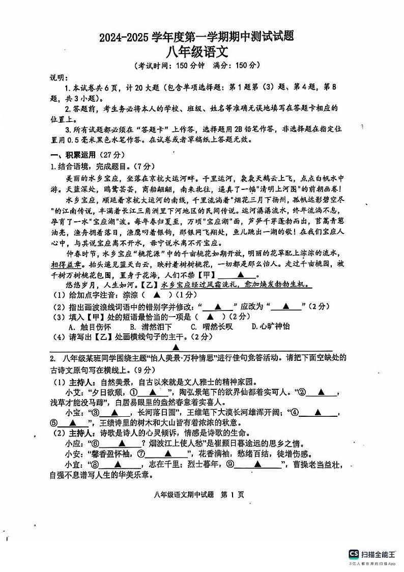 江苏省扬州市宝应县2024-2025学年八年级上学期11月期中语文试题01
