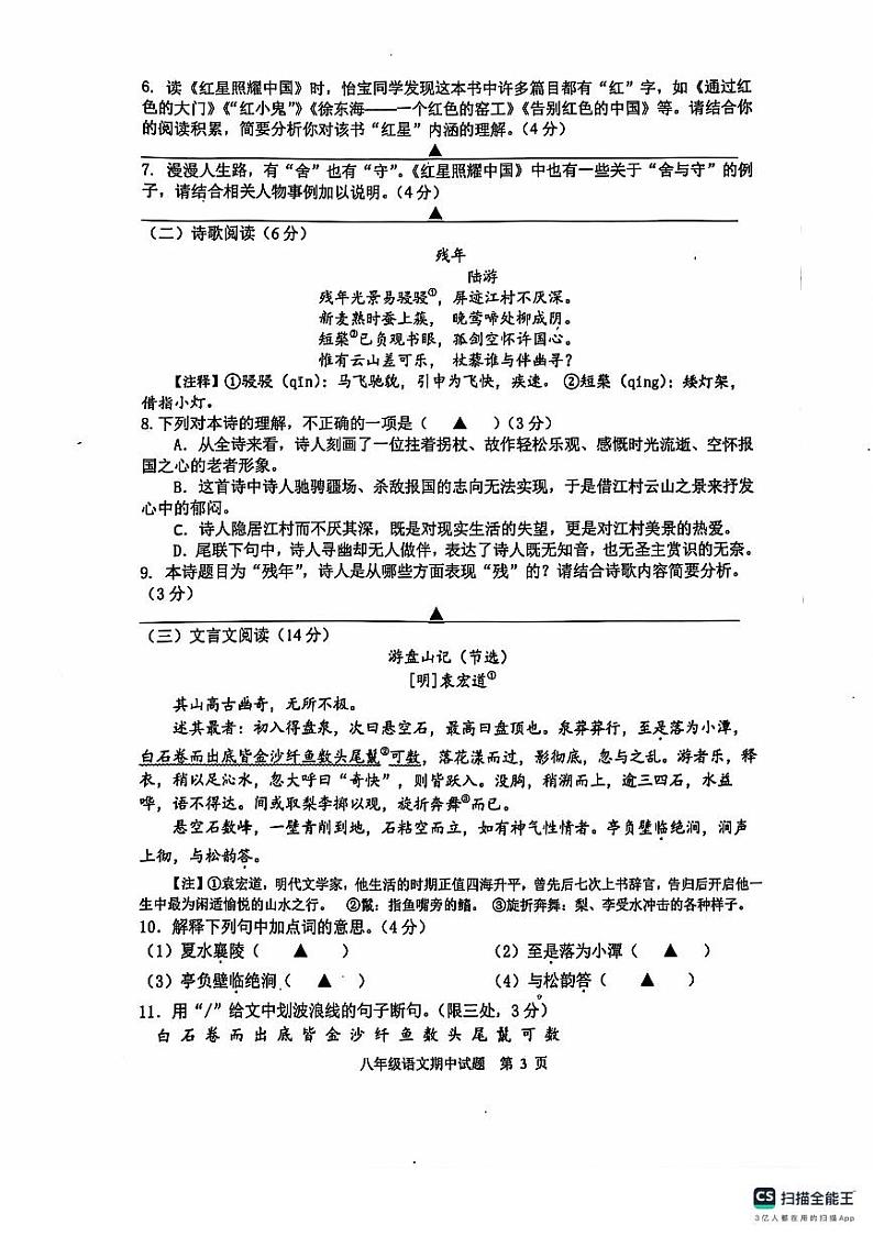 江苏省扬州市宝应县2024-2025学年八年级上学期11月期中语文试题03