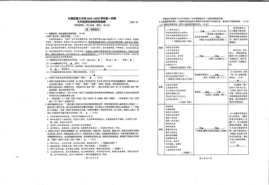 江蘇省揚(yáng)州市江都區(qū)第三中學(xué)2024-2025學(xué)年九年級(jí)上學(xué)期10月月考語文試題第1頁