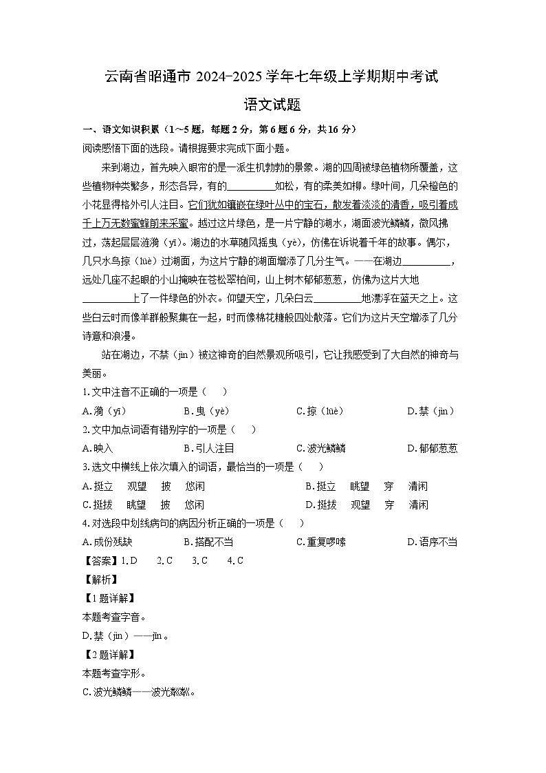 2024-2025学年云南省昭通市七年级(上)期中语文试卷(解析版)第1页
