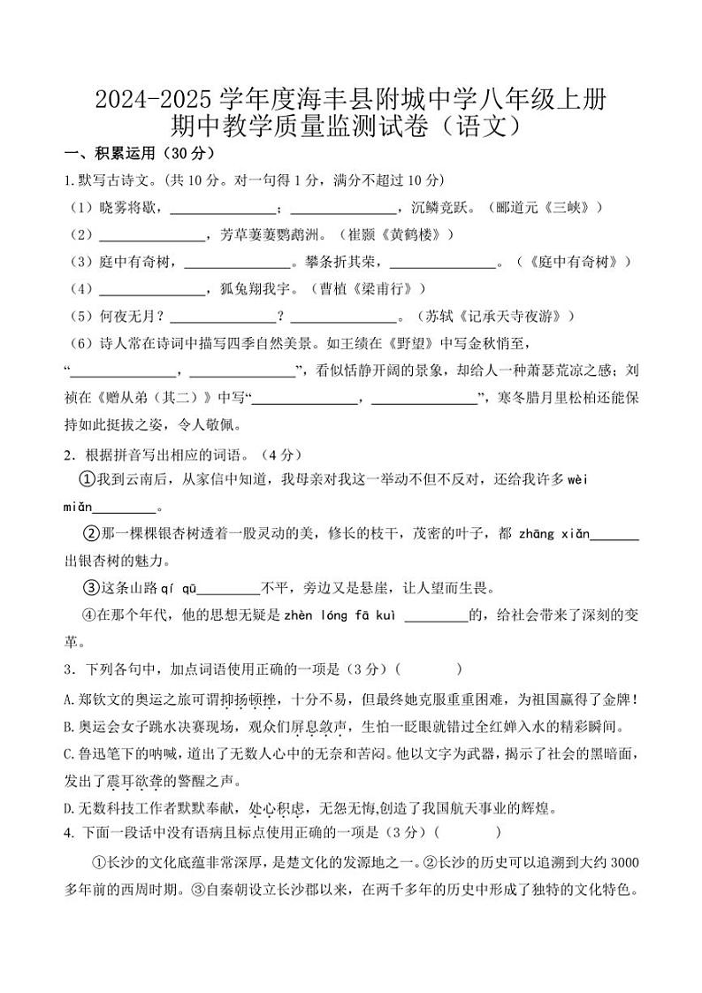 广东省汕尾市海丰县附城中学2024~2025学年八年级(上)期中语文试卷(含答案)第1页