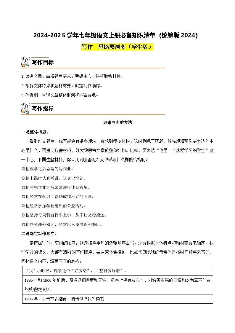 写作 思路要清晰-2024-2025学年七年级语文上册必备知识清单(统编版2024)(学生版)第1页