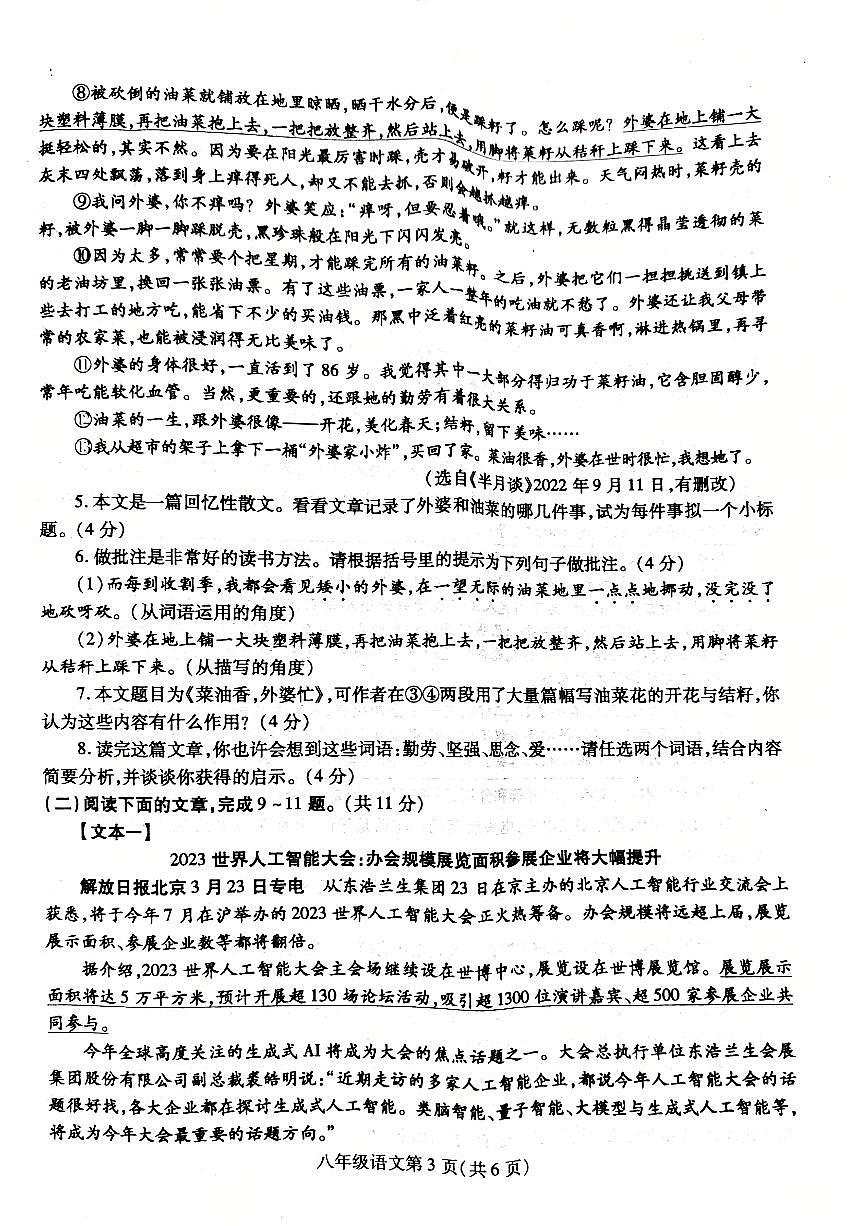 河南平顶山郏县2024—2025学年八年级上学期期中测试语文试题第3页