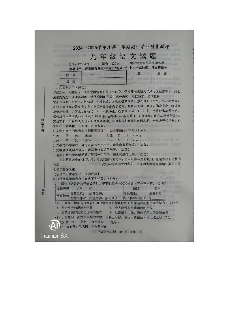 山东省菏泽市成武县2024-2025学年九年级上学期11月期中语文试题第1页