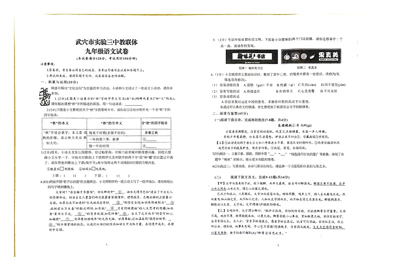 湖北省黄冈市武穴市第三实验中学教联体2024-2025学年九年级上学期11月期中语文试题第1页