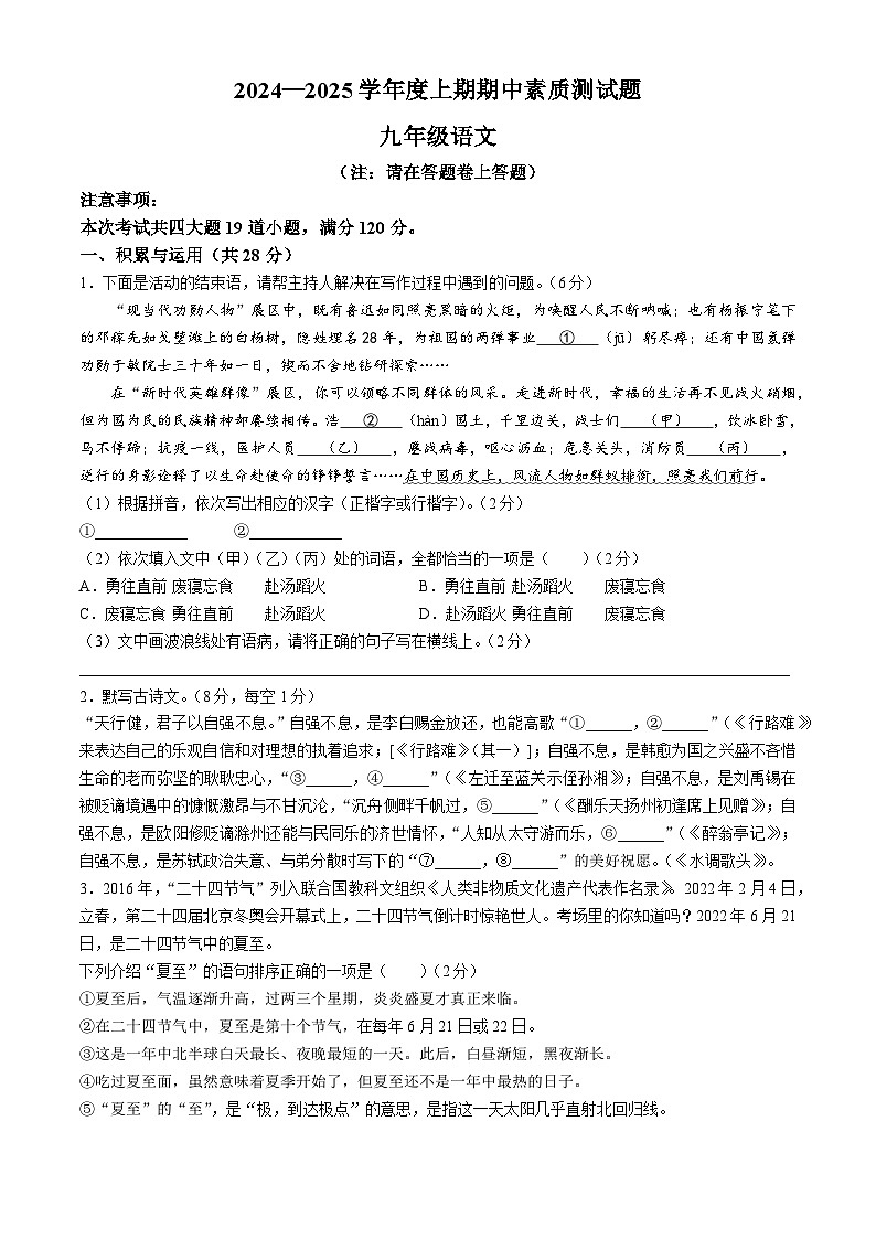河南省驻马店市确山县2024-2025学年九年级上学期期中语文试题第1页