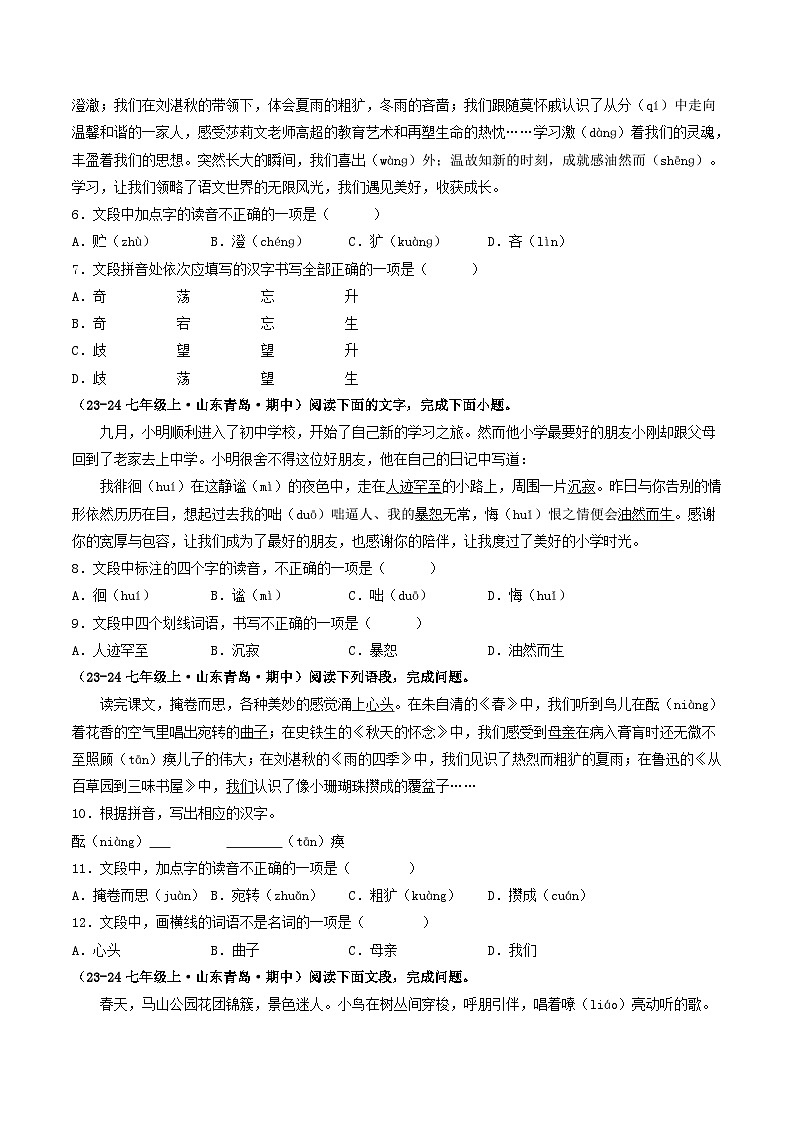 山东 2024-2025 七年级上语文期中真题汇编 专题01 基础知识积累运用(不含答案)第2页