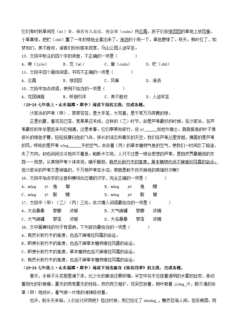 山东 2024-2025 七年级上语文期中真题汇编 专题01 基础知识积累运用(不含答案)第3页