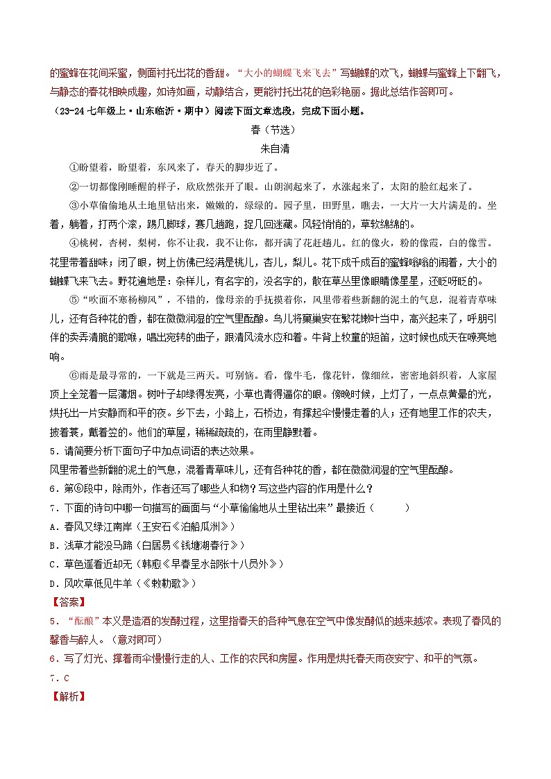 山东 2024-2025 七年级上语文期中真题分专题汇编 专题11 课内现代文阅读(含答案解析版)第3页
