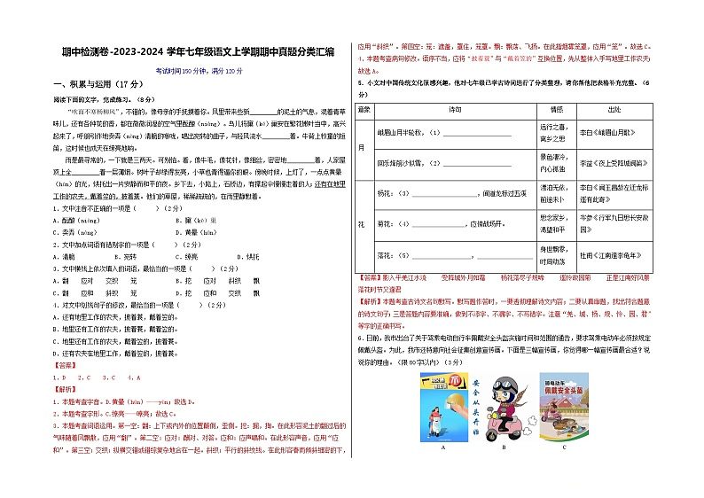 山东 2024-2025 七年级上语文期中真题分专题汇编  期中检测卷(青岛卷)(含答案解析版)第1页