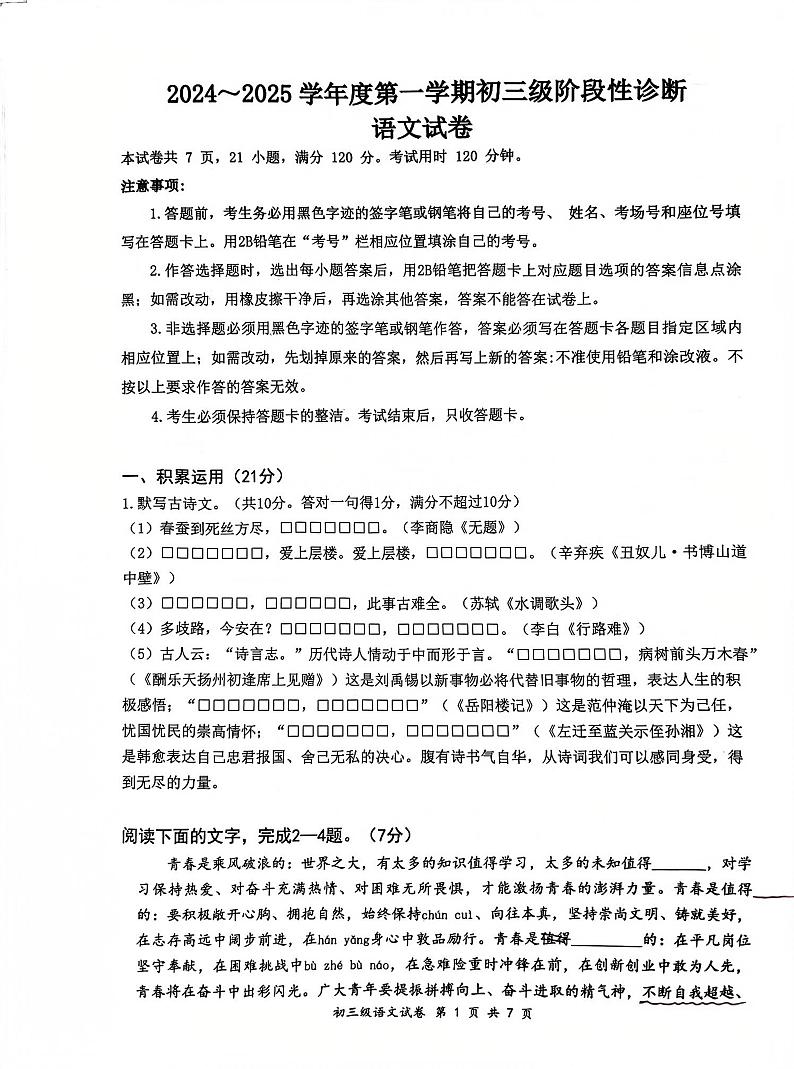 广东省茂名市博雅中学2024-2025学年九年级上学期期中考试语文试题01