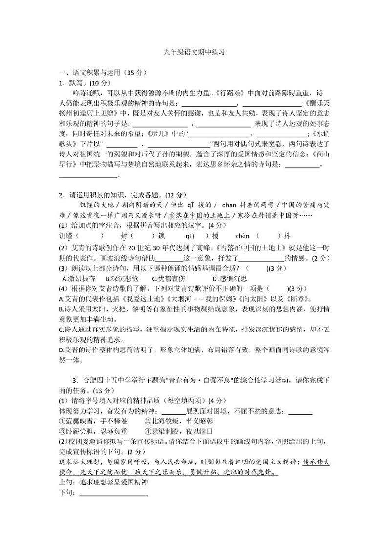 安徽省合肥市第四十五中学2024~2025学年九年级(上)期中语文试卷(含答案)第1页